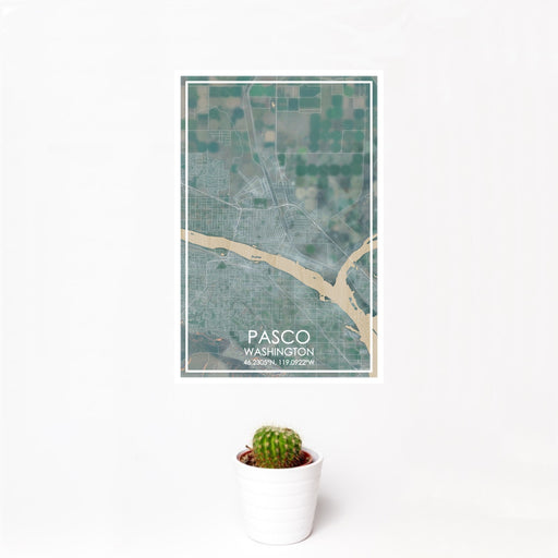 12x18 Pasco Washington Map Print Portrait Orientation in Afternoon Style With Small Cactus Plant in White Planter