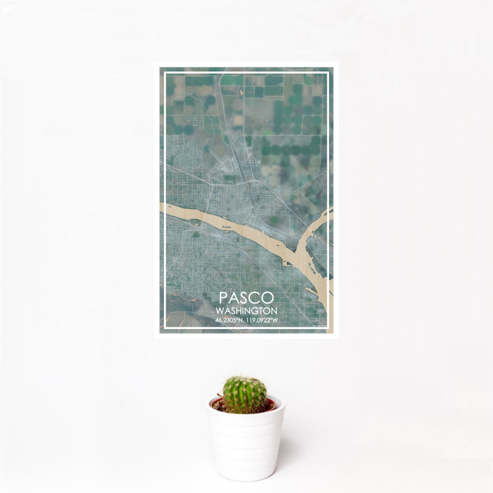 12x18 Pasco Washington Map Print Portrait Orientation in Afternoon Style With Small Cactus Plant in White Planter