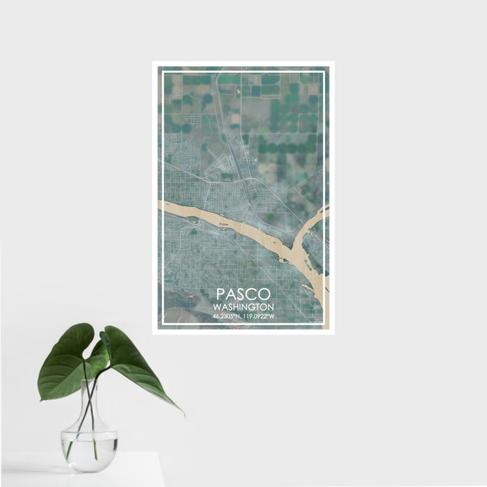 16x24 Pasco Washington Map Print Portrait Orientation in Afternoon Style With Tropical Plant Leaves in Water
