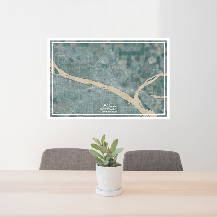 24x36 Pasco Washington Map Print Lanscape Orientation in Afternoon Style Behind 2 Chairs Table and Potted Plant