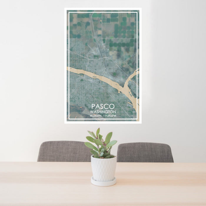 24x36 Pasco Washington Map Print Portrait Orientation in Afternoon Style Behind 2 Chairs Table and Potted Plant