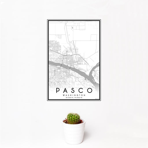 12x18 Pasco Washington Map Print Portrait Orientation in Classic Style With Small Cactus Plant in White Planter
