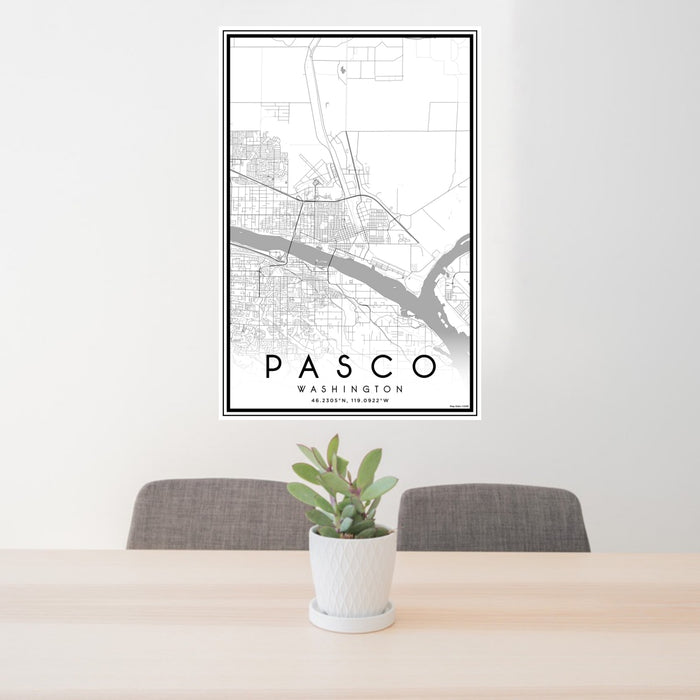 24x36 Pasco Washington Map Print Portrait Orientation in Classic Style Behind 2 Chairs Table and Potted Plant