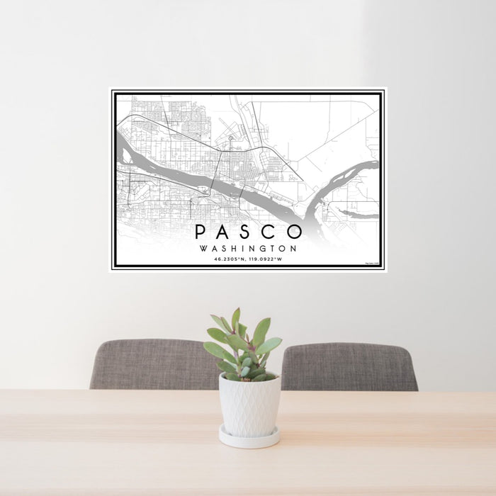 24x36 Pasco Washington Map Print Landscape Orientation in Classic Style Behind 2 Chairs Table and Potted Plant