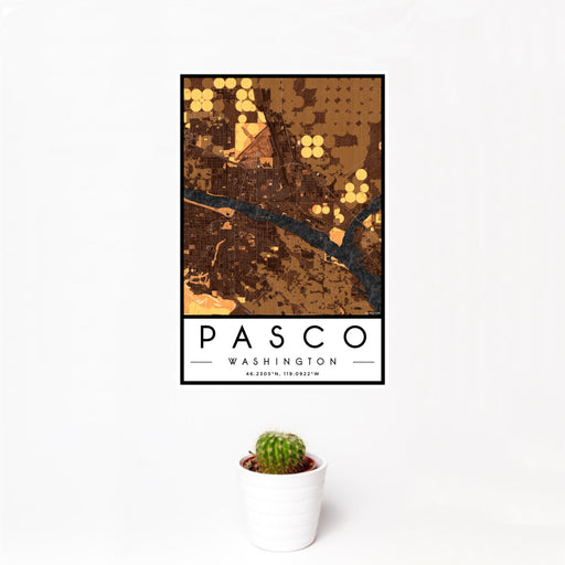 12x18 Pasco Washington Map Print Portrait Orientation in Ember Style With Small Cactus Plant in White Planter