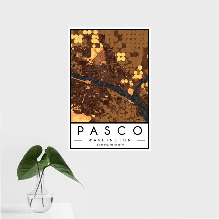 16x24 Pasco Washington Map Print Portrait Orientation in Ember Style With Tropical Plant Leaves in Water