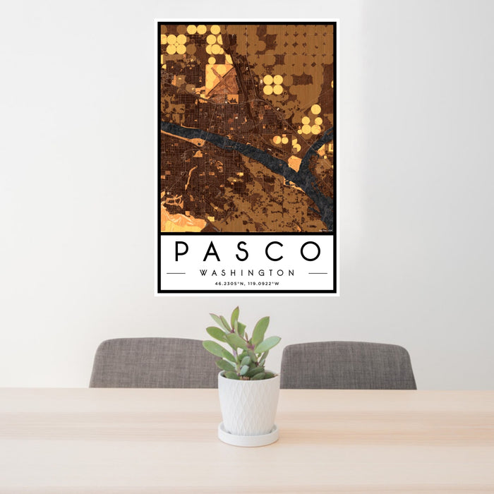 24x36 Pasco Washington Map Print Portrait Orientation in Ember Style Behind 2 Chairs Table and Potted Plant