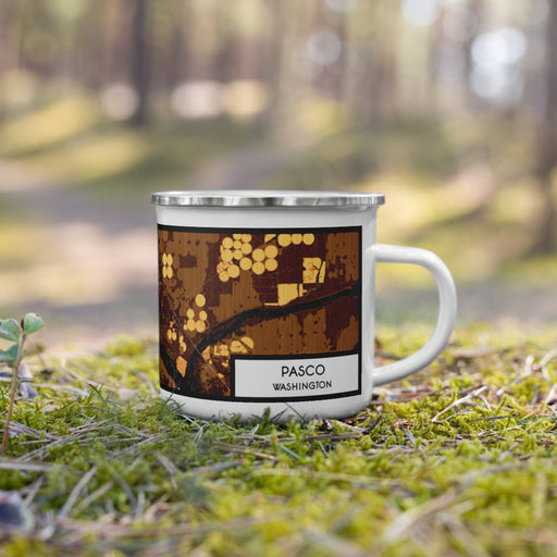 Right View Custom Pasco Washington Map Enamel Mug in Ember on Grass With Trees in Background