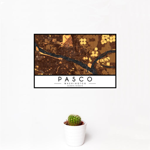 12x18 Pasco Washington Map Print Landscape Orientation in Ember Style With Small Cactus Plant in White Planter