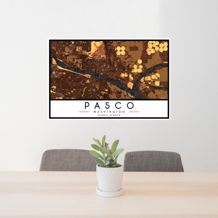24x36 Pasco Washington Map Print Landscape Orientation in Ember Style Behind 2 Chairs Table and Potted Plant