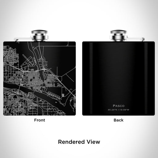 Rendered View of Pasco Washington Map Engraving on 6oz Stainless Steel Flask in Black