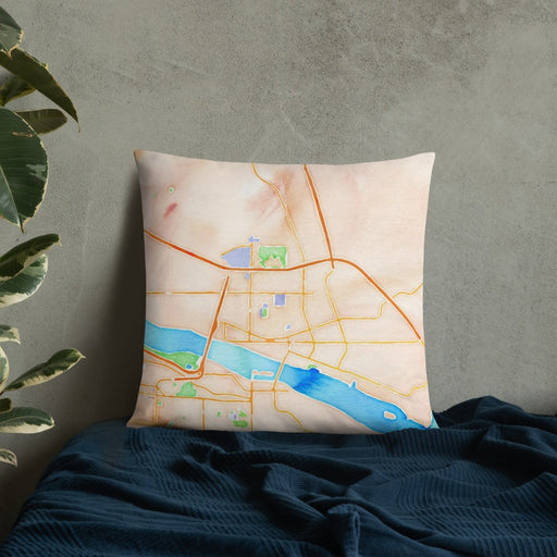 Custom Pasco Washington Map Throw Pillow in Watercolor on Bedding Against Wall