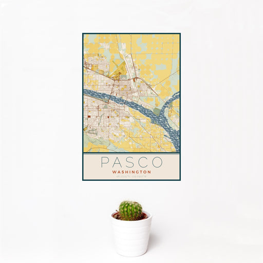 12x18 Pasco Washington Map Print Portrait Orientation in Woodblock Style With Small Cactus Plant in White Planter