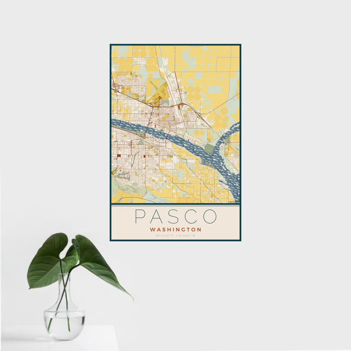 16x24 Pasco Washington Map Print Portrait Orientation in Woodblock Style With Tropical Plant Leaves in Water