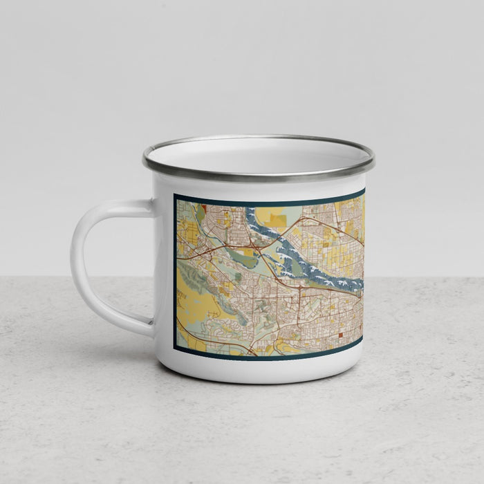 Left View Custom Pasco Washington Map Enamel Mug in Woodblock