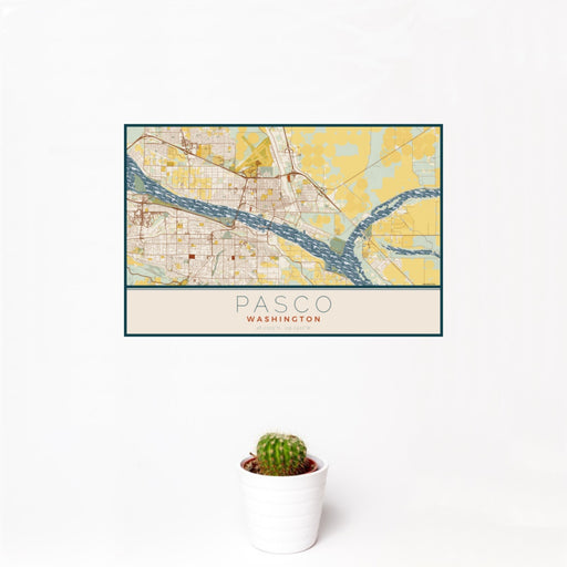 12x18 Pasco Washington Map Print Landscape Orientation in Woodblock Style With Small Cactus Plant in White Planter