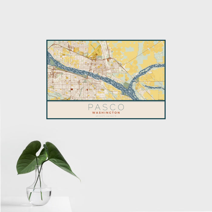 16x24 Pasco Washington Map Print Landscape Orientation in Woodblock Style With Tropical Plant Leaves in Water