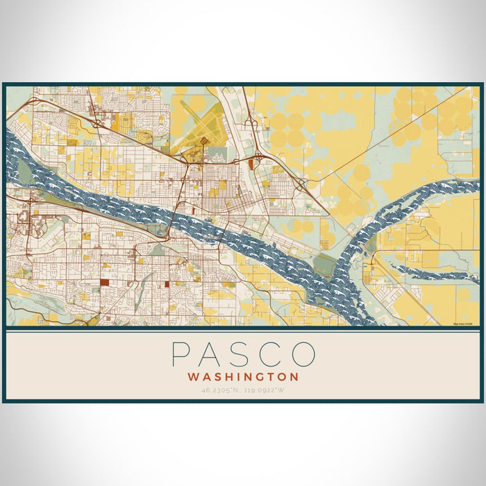 Pasco Washington Map Print Landscape Orientation in Woodblock Style With Shaded Background