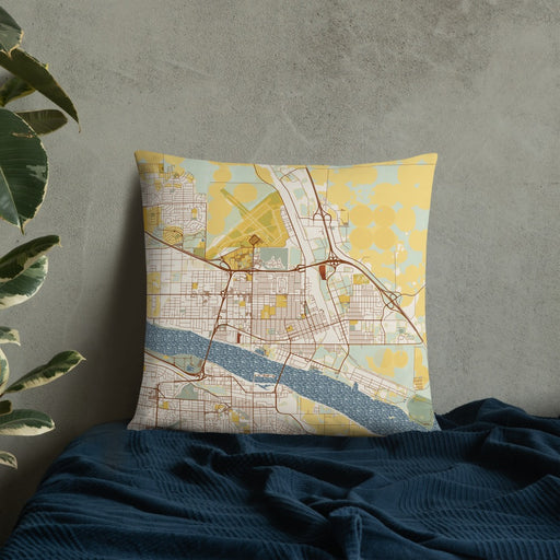 Custom Pasco Washington Map Throw Pillow in Woodblock on Bedding Against Wall