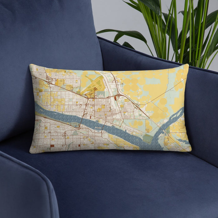 Custom Pasco Washington Map Throw Pillow in Woodblock on Blue Colored Chair