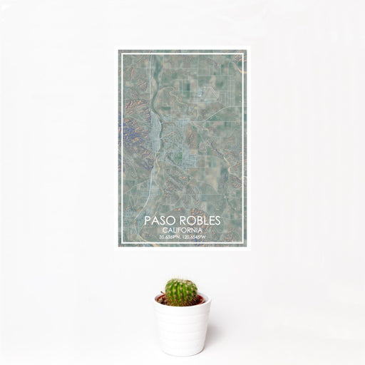 12x18 Paso Robles California Map Print Portrait Orientation in Afternoon Style With Small Cactus Plant in White Planter