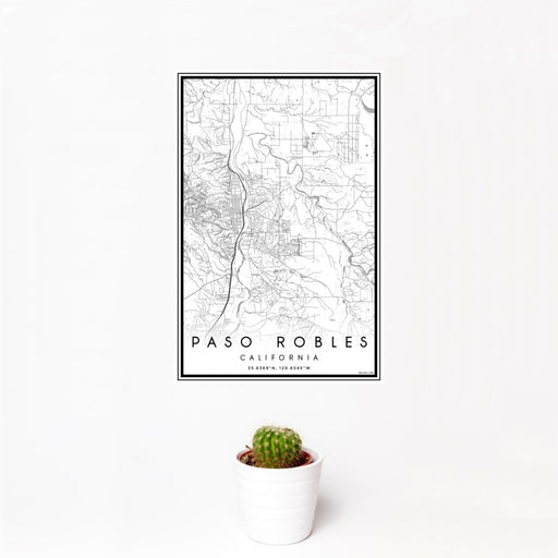 12x18 Paso Robles California Map Print Portrait Orientation in Classic Style With Small Cactus Plant in White Planter