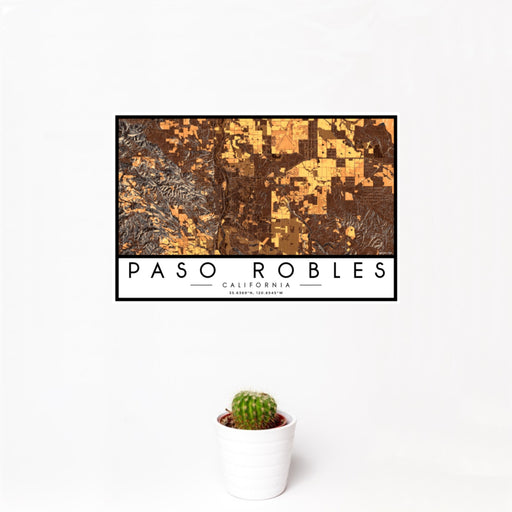 12x18 Paso Robles California Map Print Landscape Orientation in Ember Style With Small Cactus Plant in White Planter