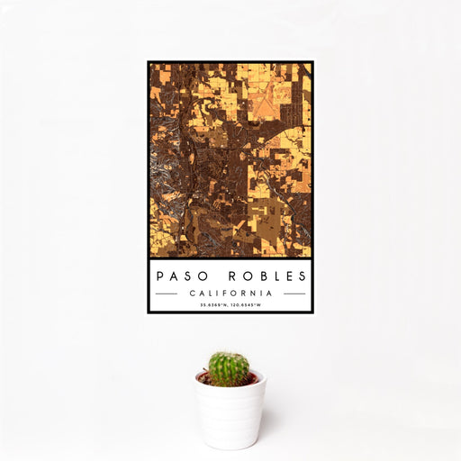 12x18 Paso Robles California Map Print Portrait Orientation in Ember Style With Small Cactus Plant in White Planter