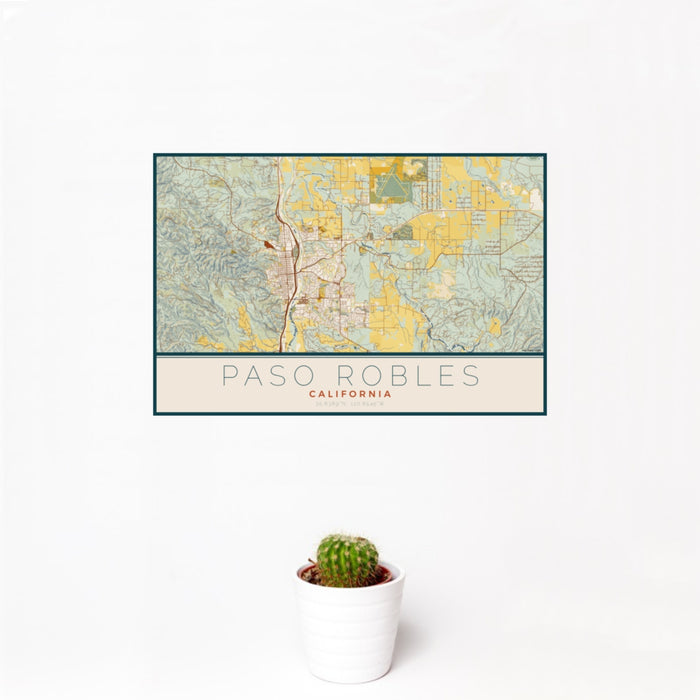 12x18 Paso Robles California Map Print Landscape Orientation in Woodblock Style With Small Cactus Plant in White Planter