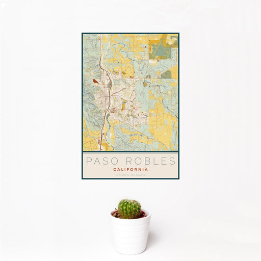 12x18 Paso Robles California Map Print Portrait Orientation in Woodblock Style With Small Cactus Plant in White Planter