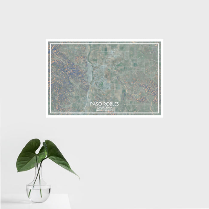 16x24 Paso Robles California Map Print Landscape Orientation in Afternoon Style With Tropical Plant Leaves in Water