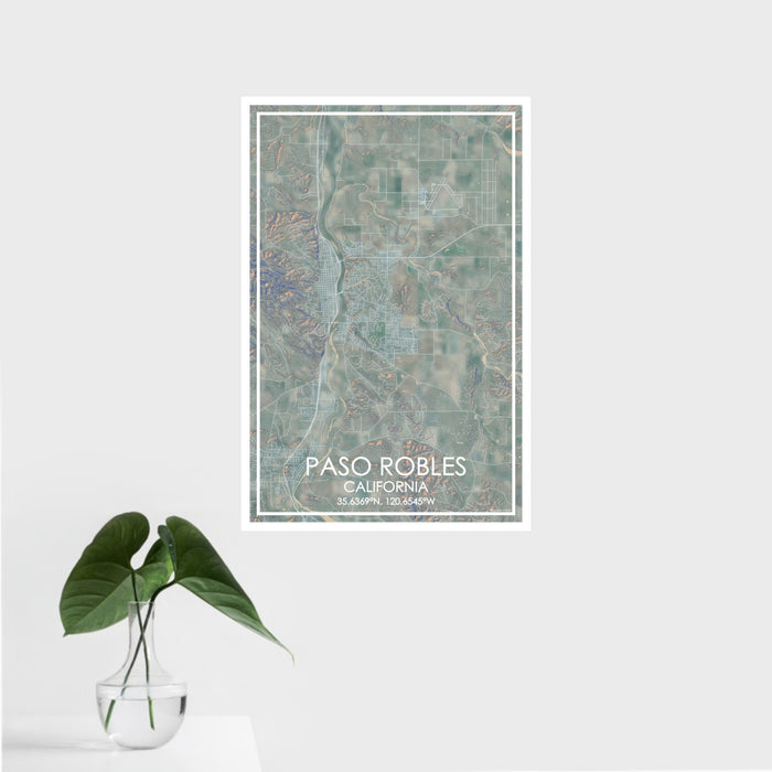 16x24 Paso Robles California Map Print Portrait Orientation in Afternoon Style With Tropical Plant Leaves in Water