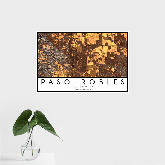 16x24 Paso Robles California Map Print Landscape Orientation in Ember Style With Tropical Plant Leaves in Water