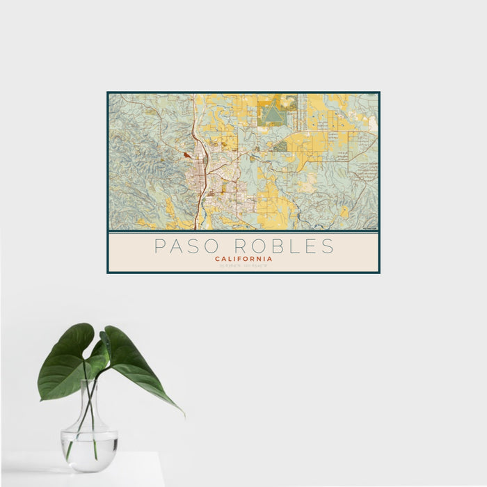 16x24 Paso Robles California Map Print Landscape Orientation in Woodblock Style With Tropical Plant Leaves in Water