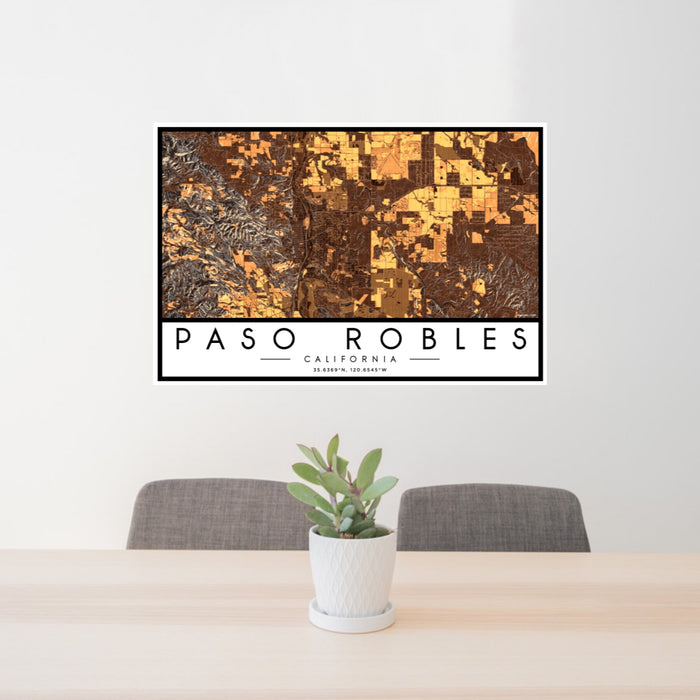24x36 Paso Robles California Map Print Lanscape Orientation in Ember Style Behind 2 Chairs Table and Potted Plant