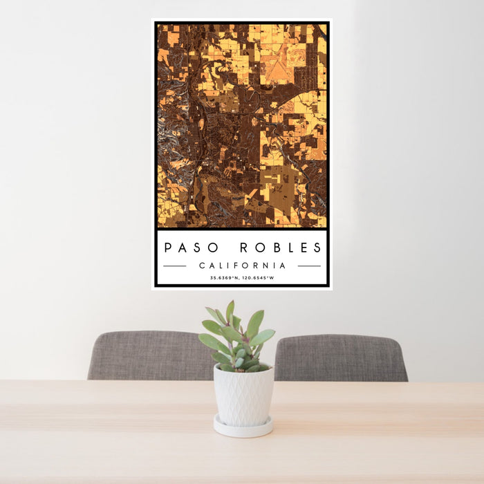 24x36 Paso Robles California Map Print Portrait Orientation in Ember Style Behind 2 Chairs Table and Potted Plant
