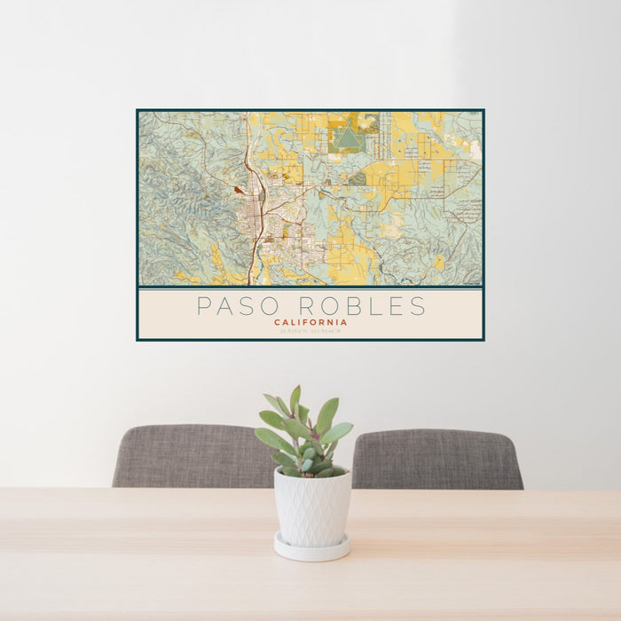 24x36 Paso Robles California Map Print Lanscape Orientation in Woodblock Style Behind 2 Chairs Table and Potted Plant