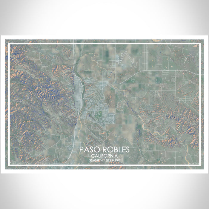 Paso Robles California Map Print Landscape Orientation in Afternoon Style With Shaded Background