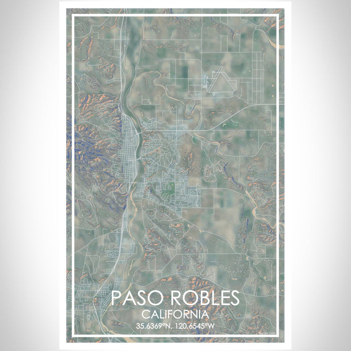 Paso Robles California Map Print Portrait Orientation in Afternoon Style With Shaded Background