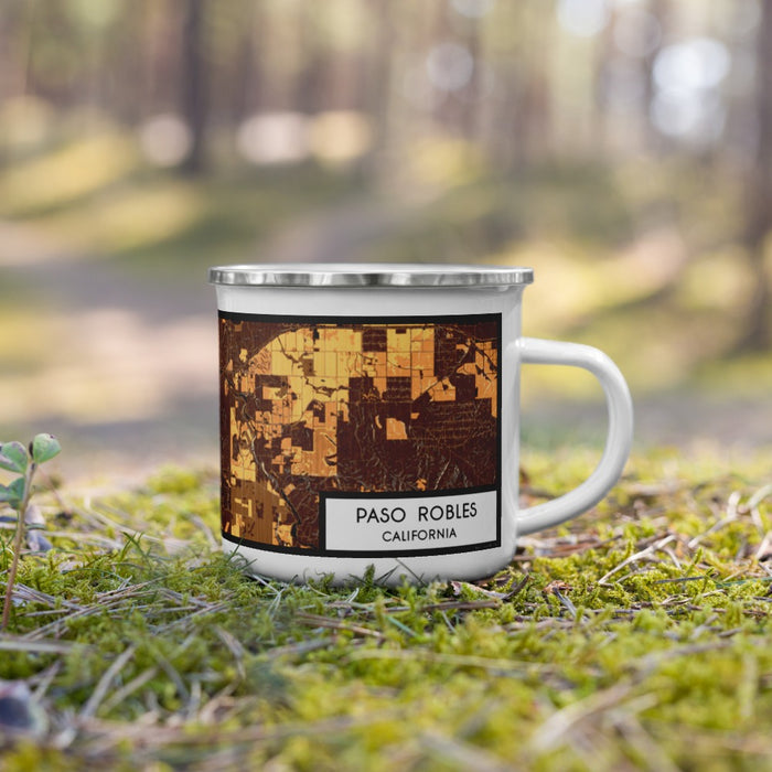 Right View Custom Paso Robles California Map Enamel Mug in Ember on Grass With Trees in Background