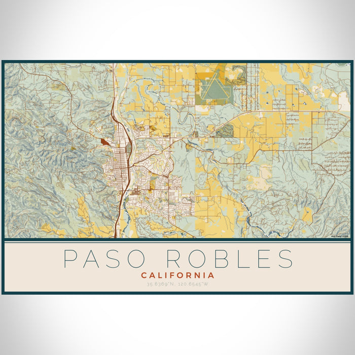 Paso Robles California Map Print Landscape Orientation in Woodblock Style With Shaded Background