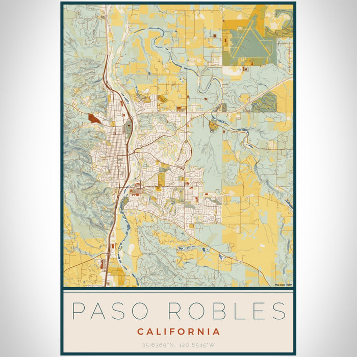 Paso Robles California Map Print Portrait Orientation in Woodblock Style With Shaded Background