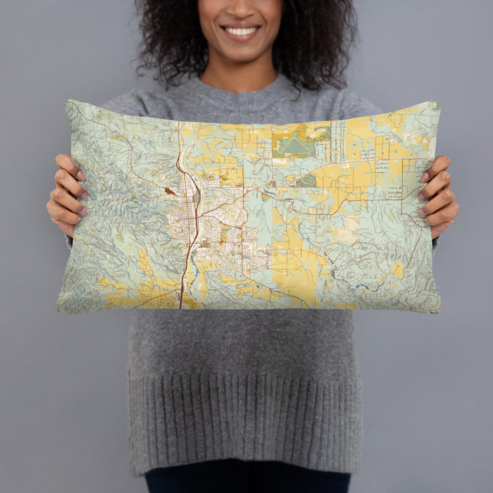 Person holding 20x12 Custom Paso Robles California Map Throw Pillow in Woodblock