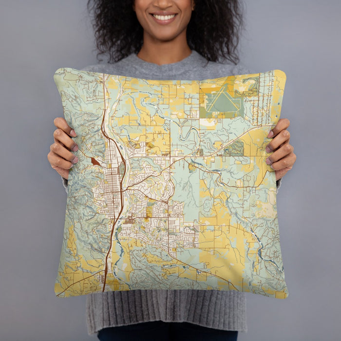 Person holding 18x18 Custom Paso Robles California Map Throw Pillow in Woodblock