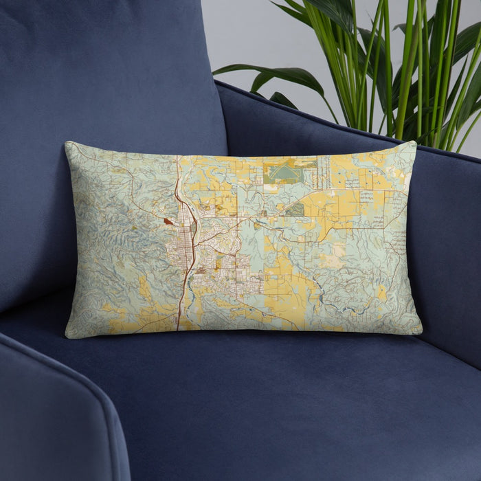 Custom Paso Robles California Map Throw Pillow in Woodblock on Blue Colored Chair
