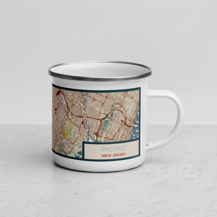 Right View Custom Passaic New Jersey Map Enamel Mug in Woodblock