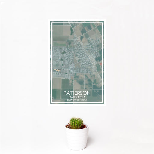 12x18 Patterson California Map Print Portrait Orientation in Afternoon Style With Small Cactus Plant in White Planter