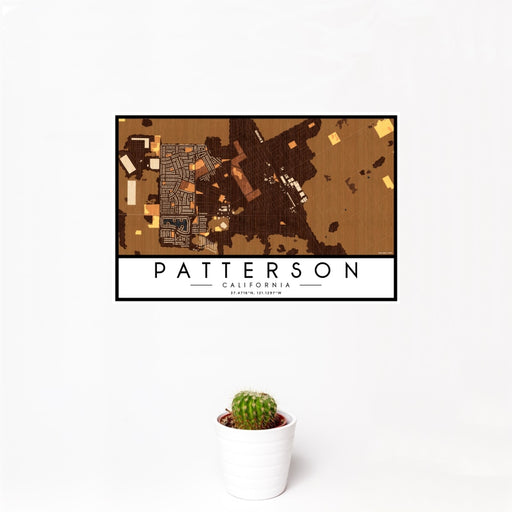 12x18 Patterson California Map Print Landscape Orientation in Ember Style With Small Cactus Plant in White Planter
