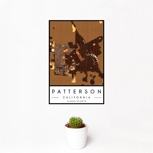 12x18 Patterson California Map Print Portrait Orientation in Ember Style With Small Cactus Plant in White Planter