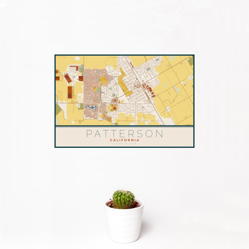 12x18 Patterson California Map Print Landscape Orientation in Woodblock Style With Small Cactus Plant in White Planter